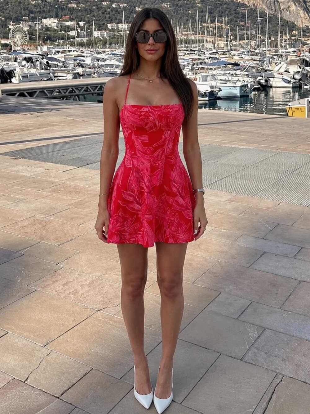 Zara Floral Print Mini Dress Square Neck Feminine Pink Red Size XS